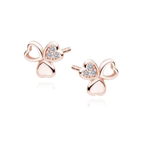 Stříbrné náušnice Trojlístek se zirkony a plátováním z 18K Rose gold